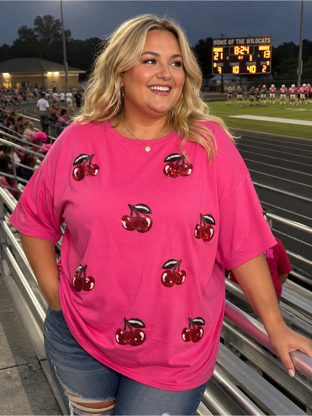 Women’s Hot Pink Cherry Sequin Graphic Tee
